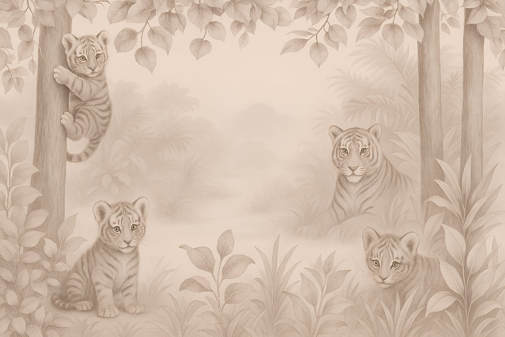 Detailed tiger jungle mural wallpaper design pattern showing four adorable tigers by Kids-Mundo