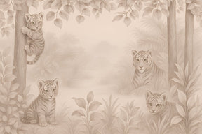 Detailed tiger jungle mural wallpaper design pattern showing four adorable tigers by Kids-Mundo