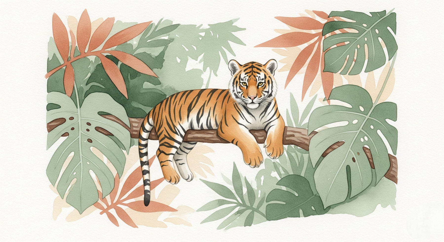 Detailed tiger jungle mural wallpaper design pattern showing majestic tiger on branch by Kids-Mundo