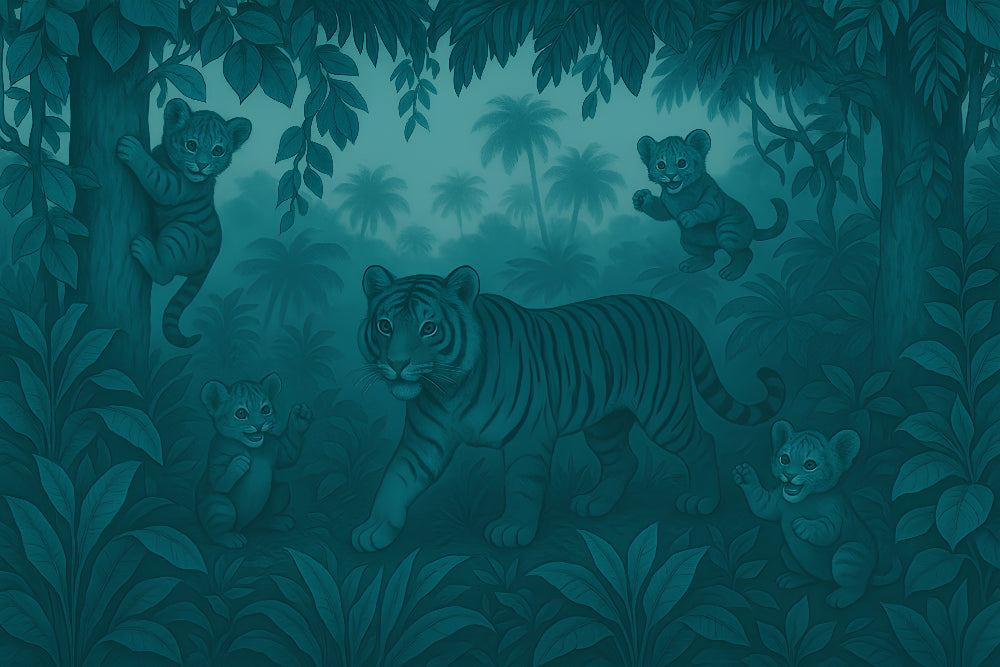 Detailed tiger and cubs jungle mural wallpaper design pattern with tropical foliage by Kids-Mundo
