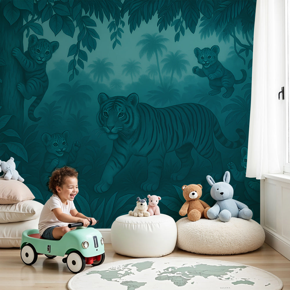 Tiger jungle mural wallpaper in modern kids bedroom with blue and green tones by Kids-Mundo