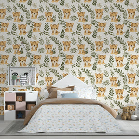 Charming tiger wallpaper transforming children's bedroom into wildlife adventure space with natural tones