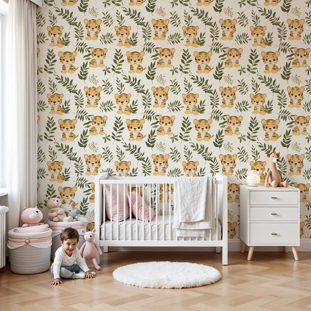 Tiger jungle mural wallpaper creating safari-themed nursery with playful tigers among foliage by Kids-Mundo
