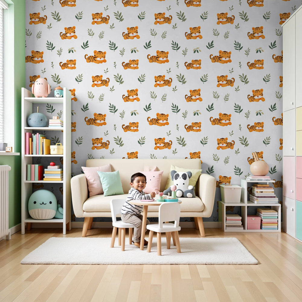 Tiger jungle mural wallpaper creating safari-themed nursery decor by Kids-Mundo