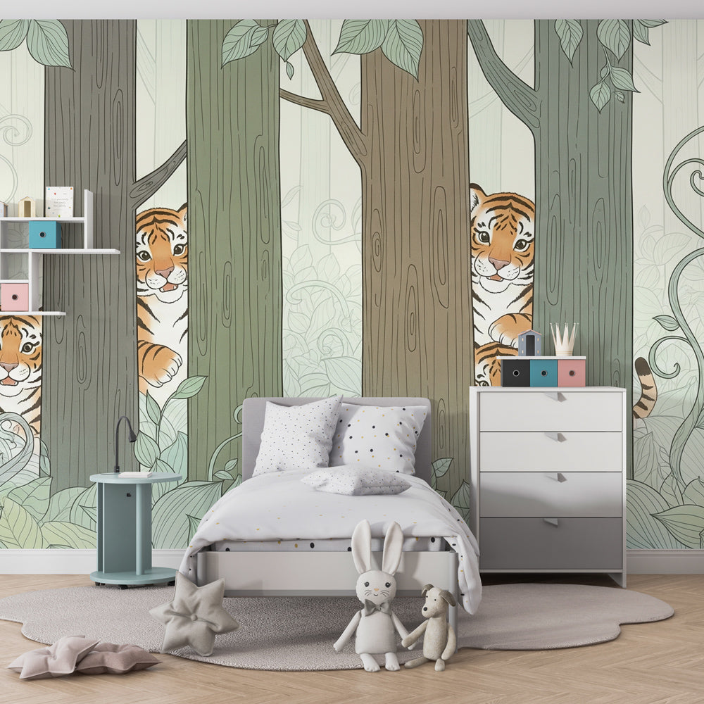 Tropical tiger wallpaper transforming nursery into wild forest adventure space with natural decor