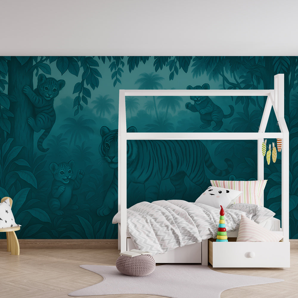 Tiger and cubs jungle wallpaper creating adventurous nursery atmosphere with lush foliage