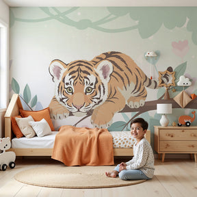 Tiger jungle mural wallpaper creating adventurous nursery decor with curious cub design by Kids-Mundo