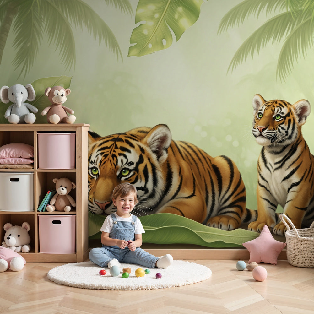Tiger jungle mural wallpaper transforming modern nursery with majestic wildlife by Kids-Mundo