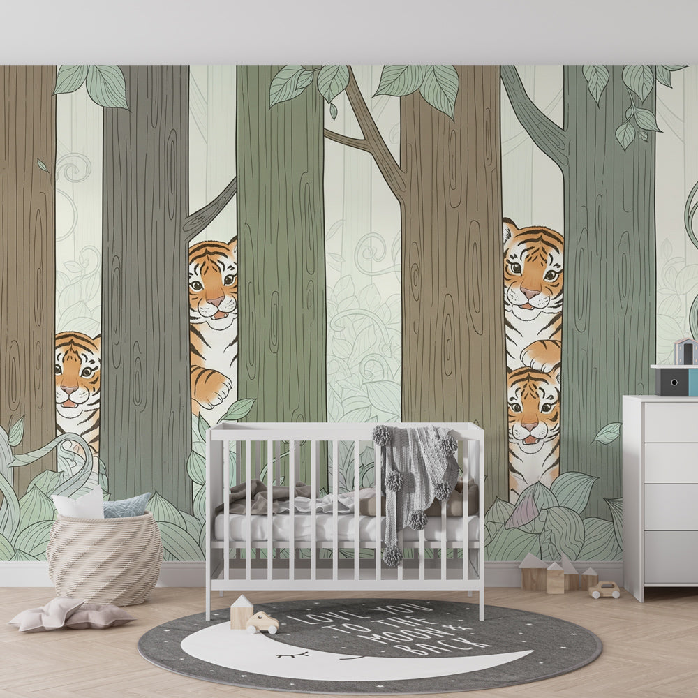 Children's tiger forest wallpaper creating imaginative play environment in bright playroom setting