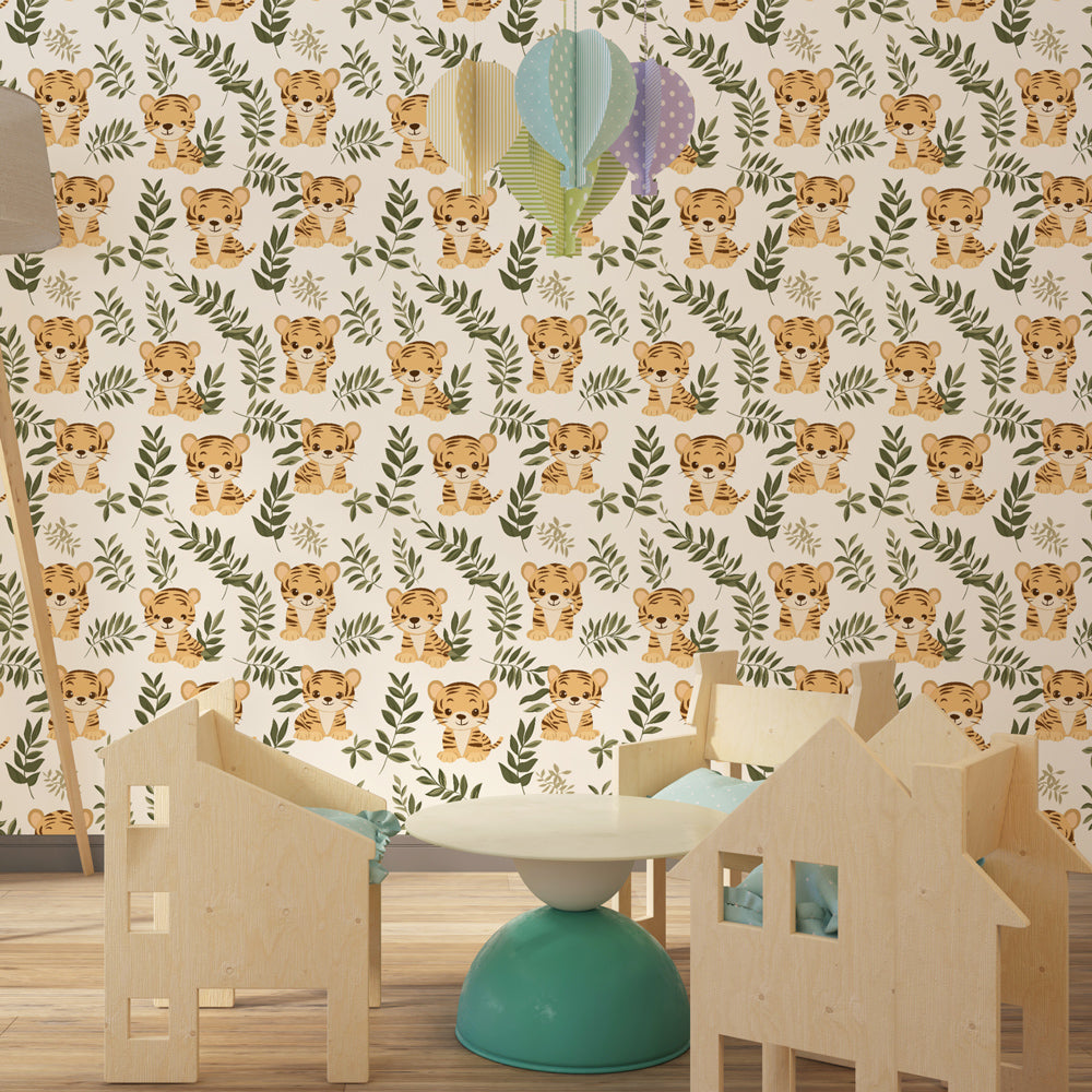 Safari mural wallpaper for kids featuring adorable tigers creating imaginative play environment by Kids-Mundo