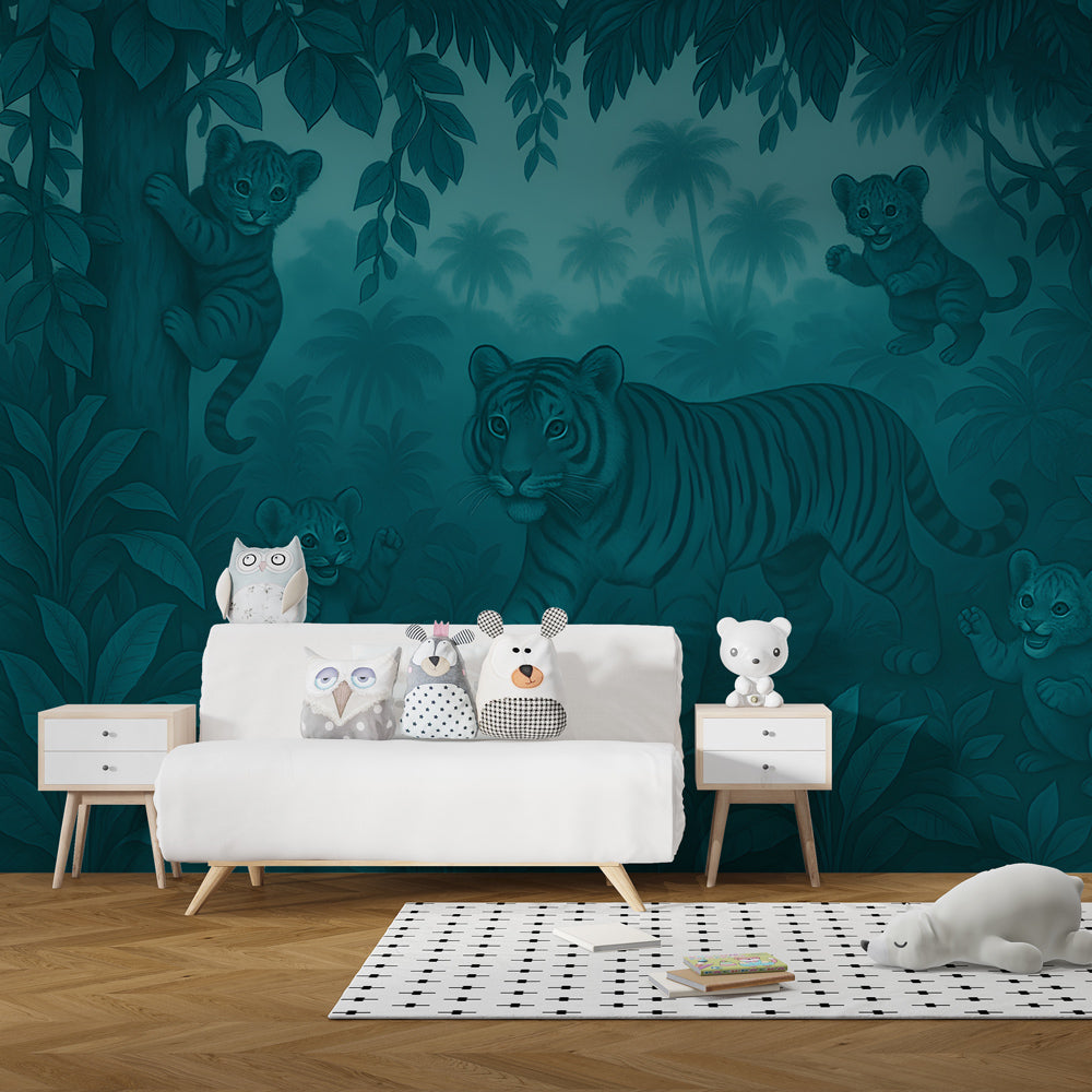 Jungle tiger mural wallpaper transforming playroom into wildlife adventure space for children