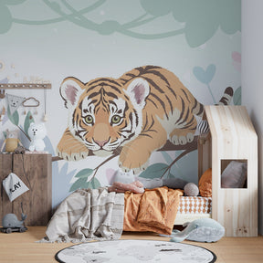 Animal themed mural wallpaper with young tiger creating magical playroom atmosphere by Kids-Mundo