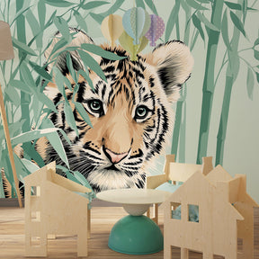 Bamboo forest tiger wallpaper creating natural adventure theme in kids playroom by Kids-Mundo