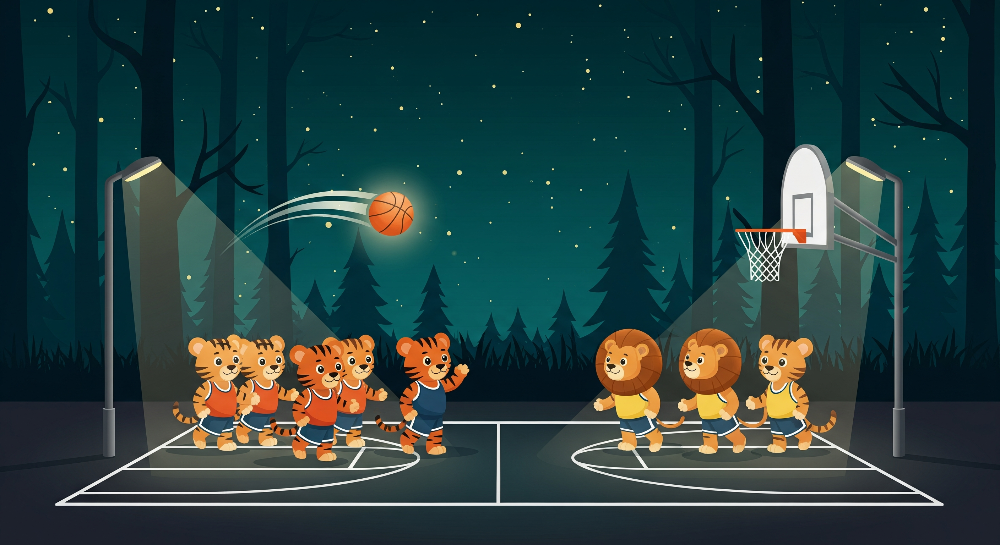Flat artwork preview of the Kids-Mundo tiger and lion basketball match wall mural design