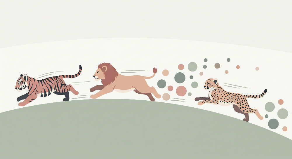 Flat artwork preview of the Kids-Mundo tiger, lion and cheetah wall mural running across a green hillside.