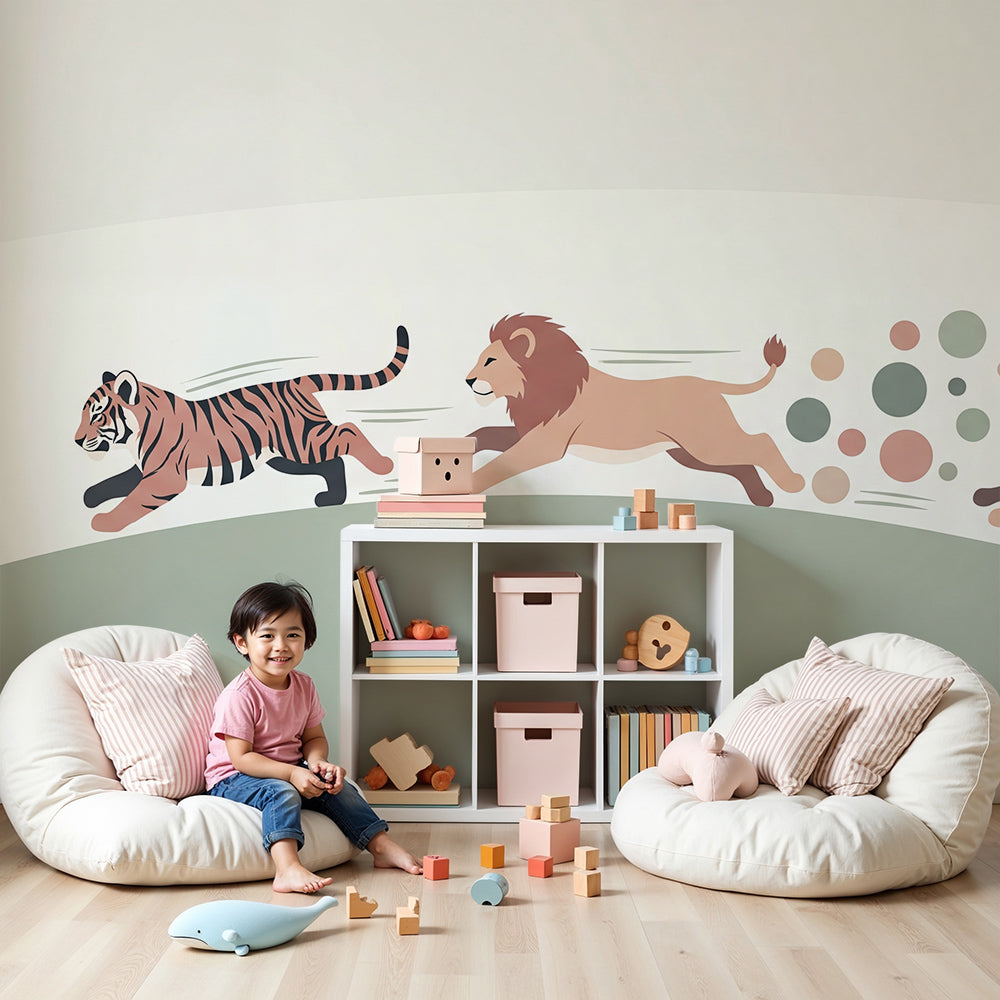 Kids-Mundo tiger, lion and cheetah wall mural installed above a cot in a soft, modern nursery room.