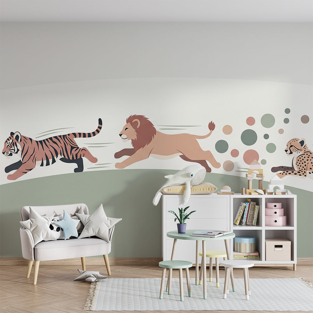 Kids-Mundo tiger, lion and cheetah wall mural styled behind toy baskets and a rug in a playroom.
