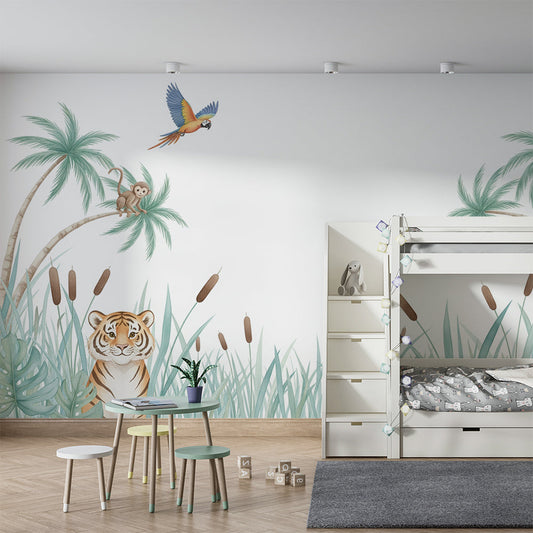 Kids-Mundo jungle wall mural with tiger, monkey and parrot in a bright kids' bedroom.