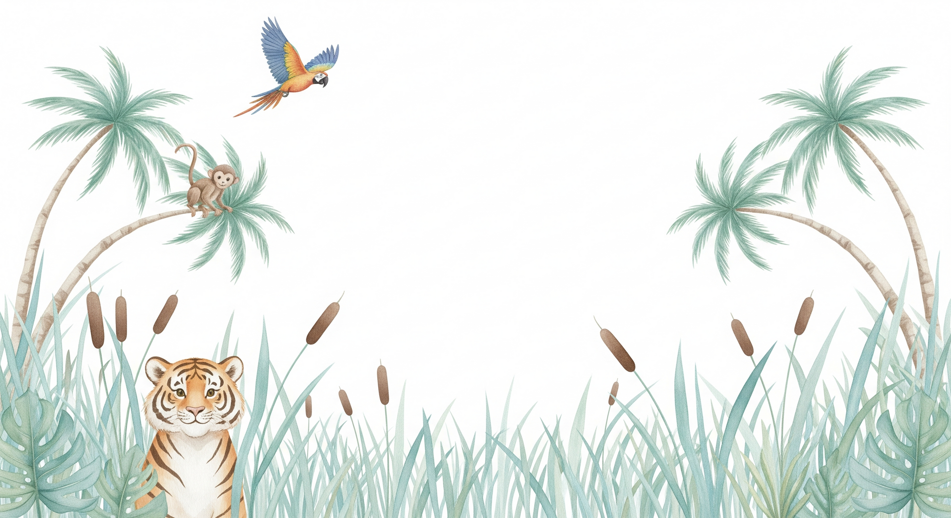 Kids-Mundo flat artwork of a tiger, monkey and parrot in a soft green jungle scene.