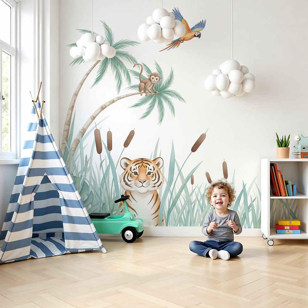 Kids-Mundo tiger and monkey jungle wall mural displayed in a soft pastel nursery room.