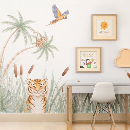 Kids-Mundo tiger, monkey and parrot wall mural pictured in a lively children's playroom.