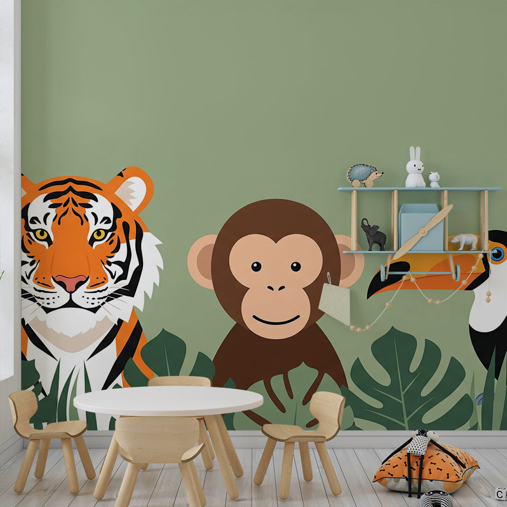 Kids-Mundo tiger, monkey and toucan wall mural in a modern children's playroom