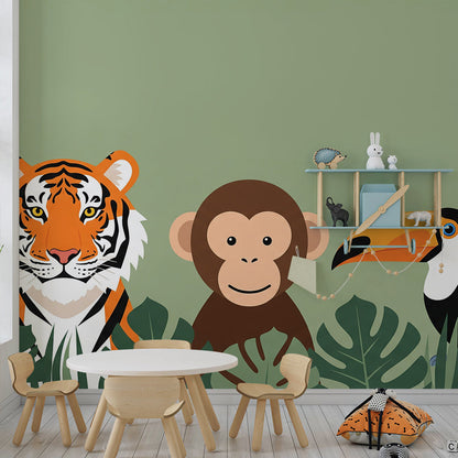 Kids-Mundo tiger, monkey and toucan wall mural in a modern children's playroom