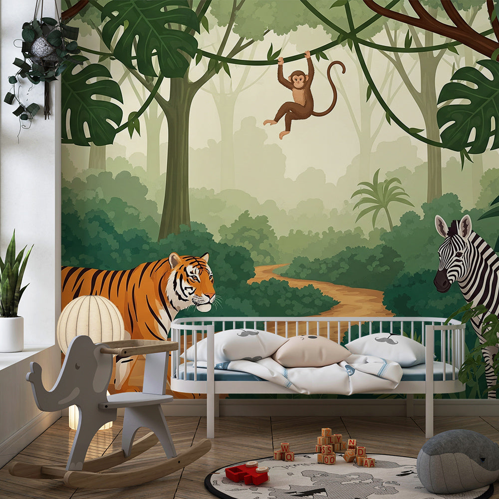 Kids-Mundo tiger, zebra and monkey wall mural covering a wall in a kids bedroom