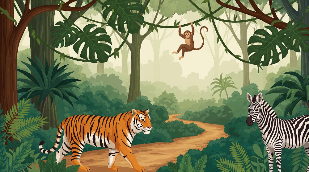 Flat artwork of the Kids-Mundo tiger, monkey and zebra jungle trail wall mural