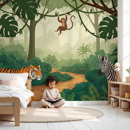 Kids-Mundo tiger and jungle trail wall mural styled in a bright nursery with a cot