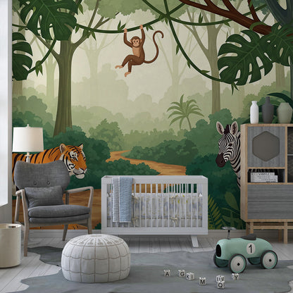 Kids-Mundo jungle trail wall mural with a tiger and monstera leaves in a playroom