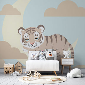 Dreamy tiger on moon wallpaper creating magical atmosphere in children's bedroom