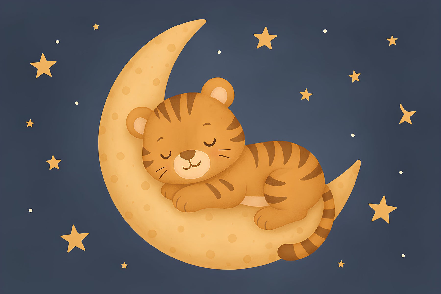 Detailed sleeping tiger on moon mural wallpaper design pattern with stars by Kids-Mundo