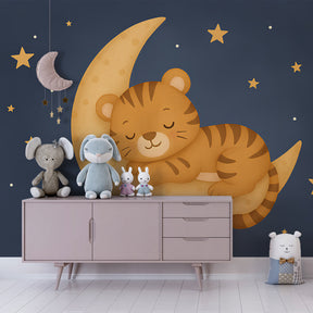 Sleeping tiger moon wallpaper transforming kids room into dreamy celestial sanctuary