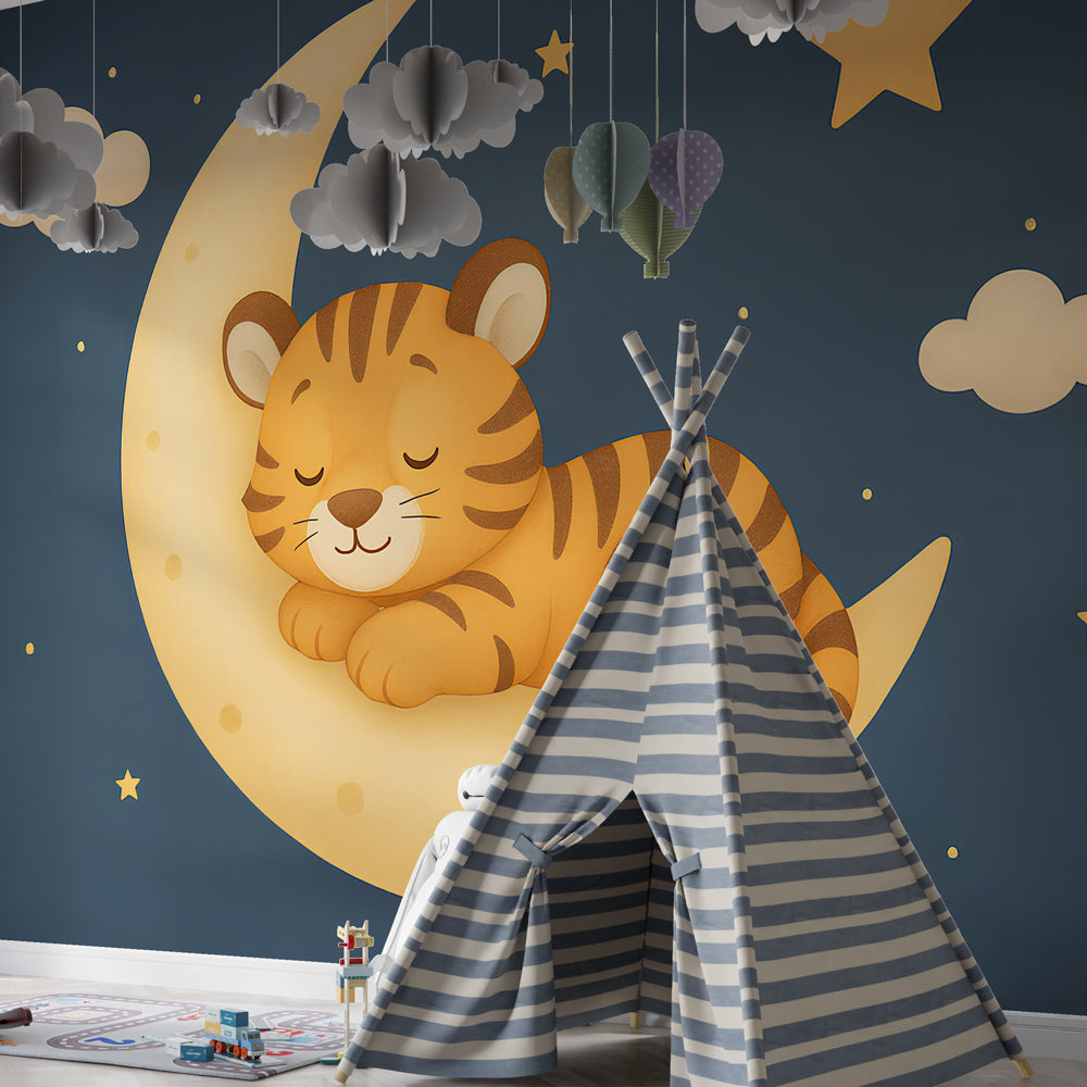 Moon and stars tiger wallpaper creating peaceful bedtime environment for kids room