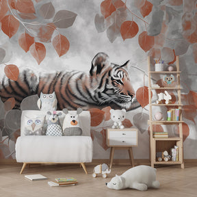 Tiger wildlife wallpaper creating serene atmosphere in children's bedroom with natural decor