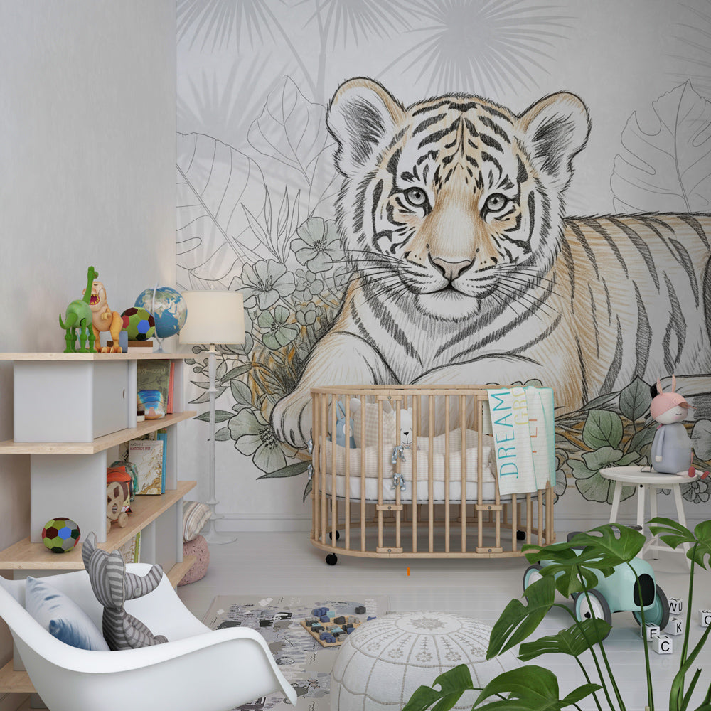Peaceful tiger wallpaper creating serene jungle atmosphere in kids bedroom setting
