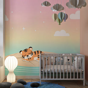Tiger cub wallpaper on magical leaf decorating modern kids bedroom with soft lighting and wooden furniture