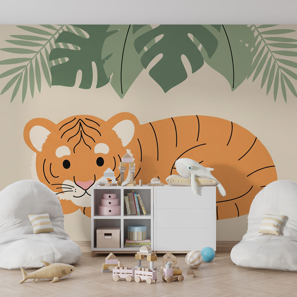 Tropical tiger wallpaper with green foliage decorating cozy children's nursery space