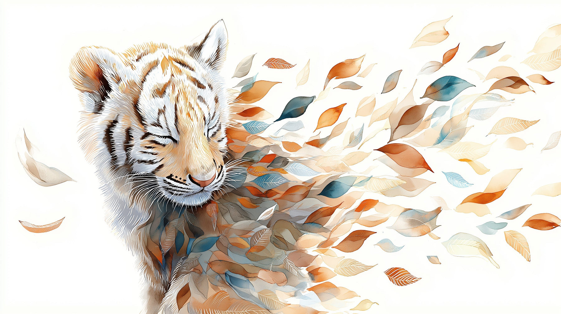 Detailed tiger mural wallpaper design pattern showing serene tiger with floating leaves by Kids-Mundo