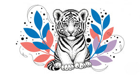 Detailed tiger with colorful foliage mural wallpaper design pattern by Kids-Mundo