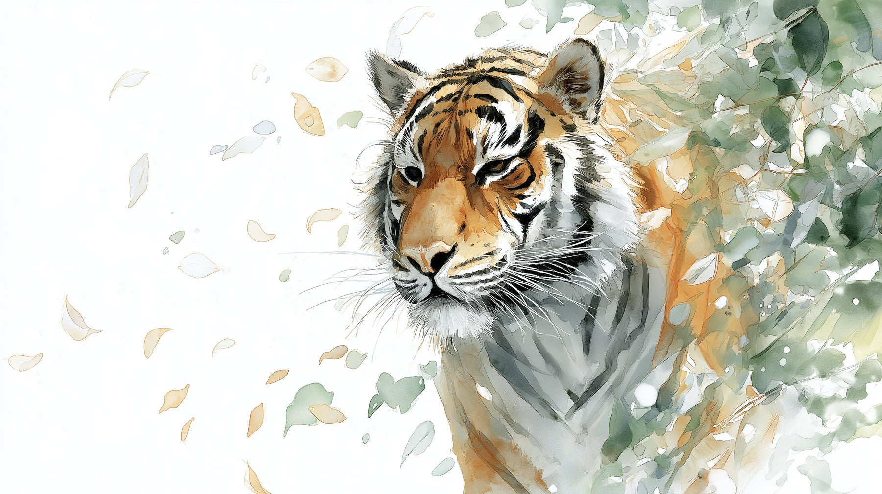 Detailed watercolor tiger mural wallpaper design pattern with lush jungle foliage by Kids-Mundo