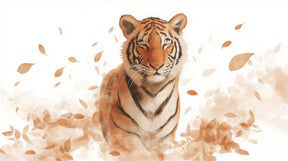 Detailed tiger mural wallpaper design pattern with falling leaves by Kids-Mundo for children's rooms