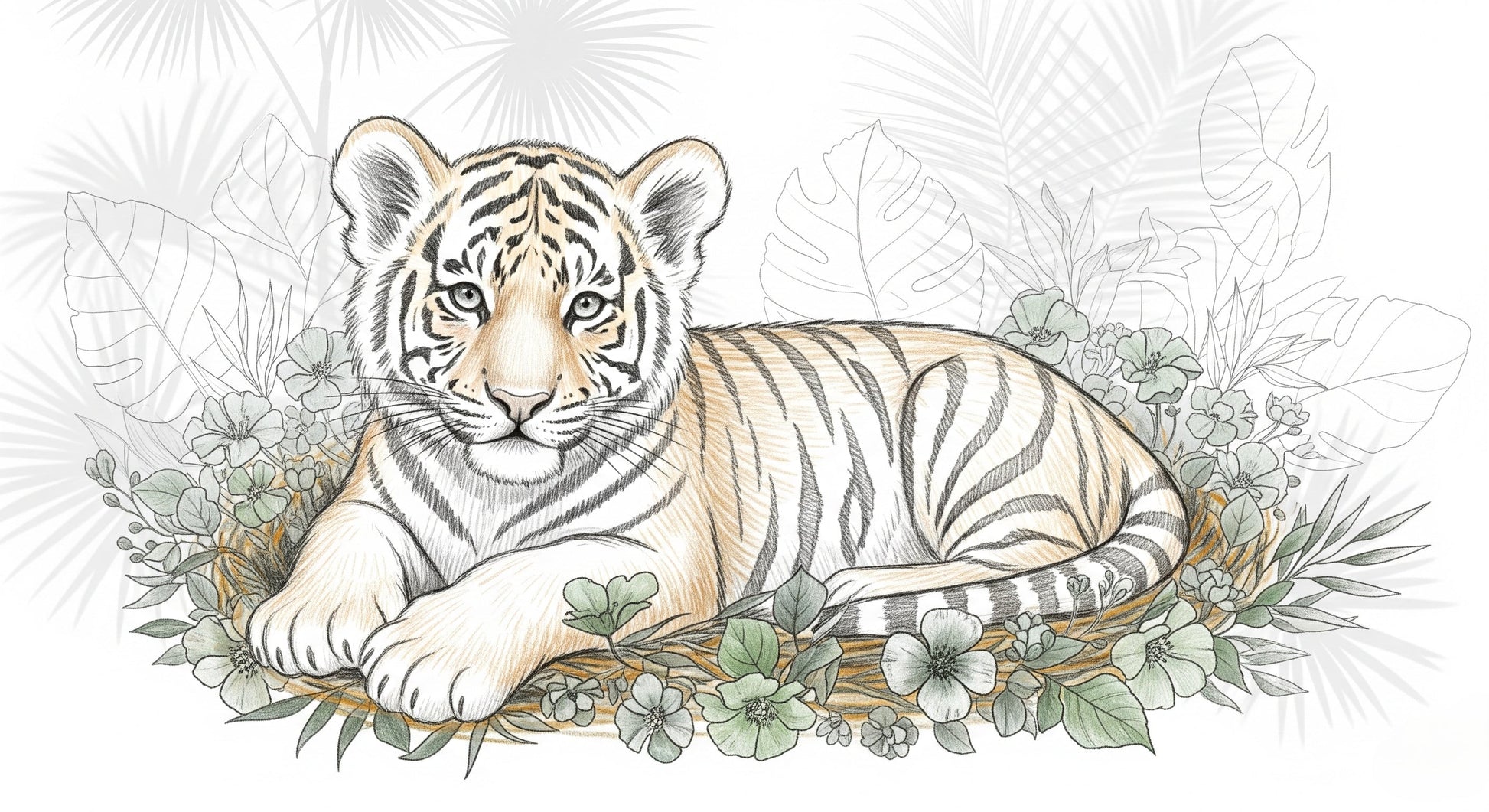 Detailed tiger mural wallpaper design pattern with tropical flowers by Kids-Mundo