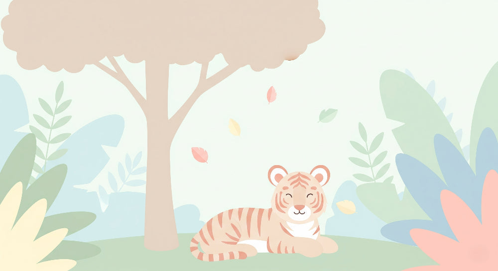 Detailed peaceful tiger and forest foliage mural wallpaper design pattern by Kids-Mundo