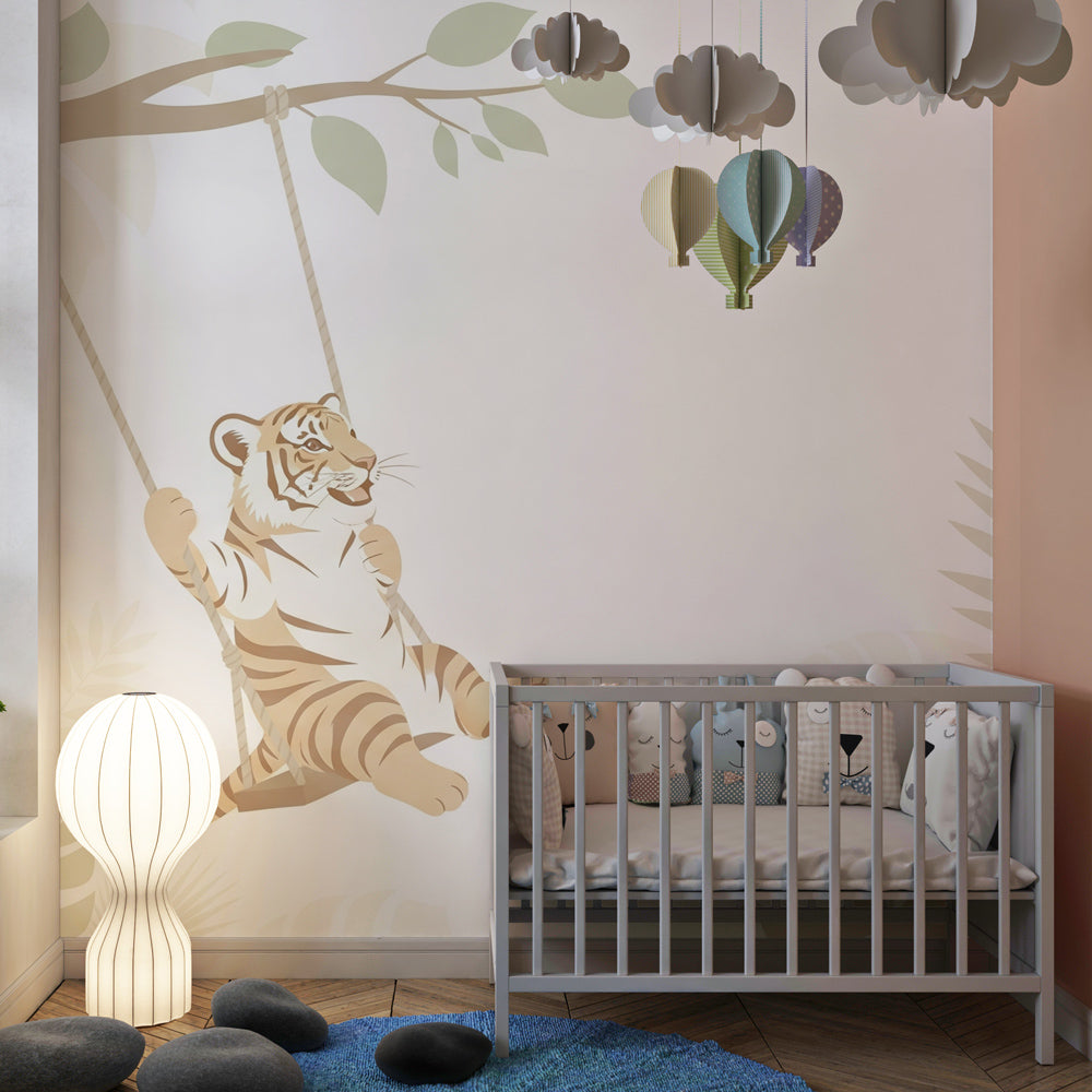 Playful tiger wallpaper transforming children's bedroom into adventure jungle by Kids-Mundo