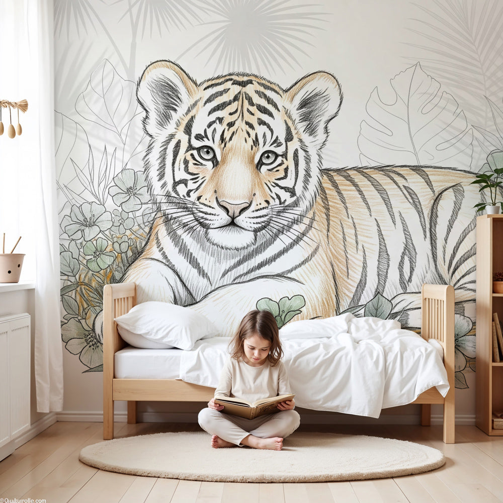 Tiger mural wallpaper with tropical flowers in bright children's nursery by Kids-Mundo