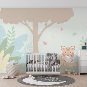Tiger nature wallpaper creating serene children's bedroom decor with natural wood furniture
