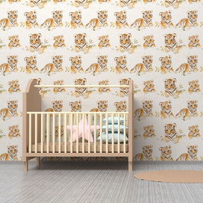 Adorable tiger wallpaper creating cozy children's bedroom with pastel decor and wooden furniture