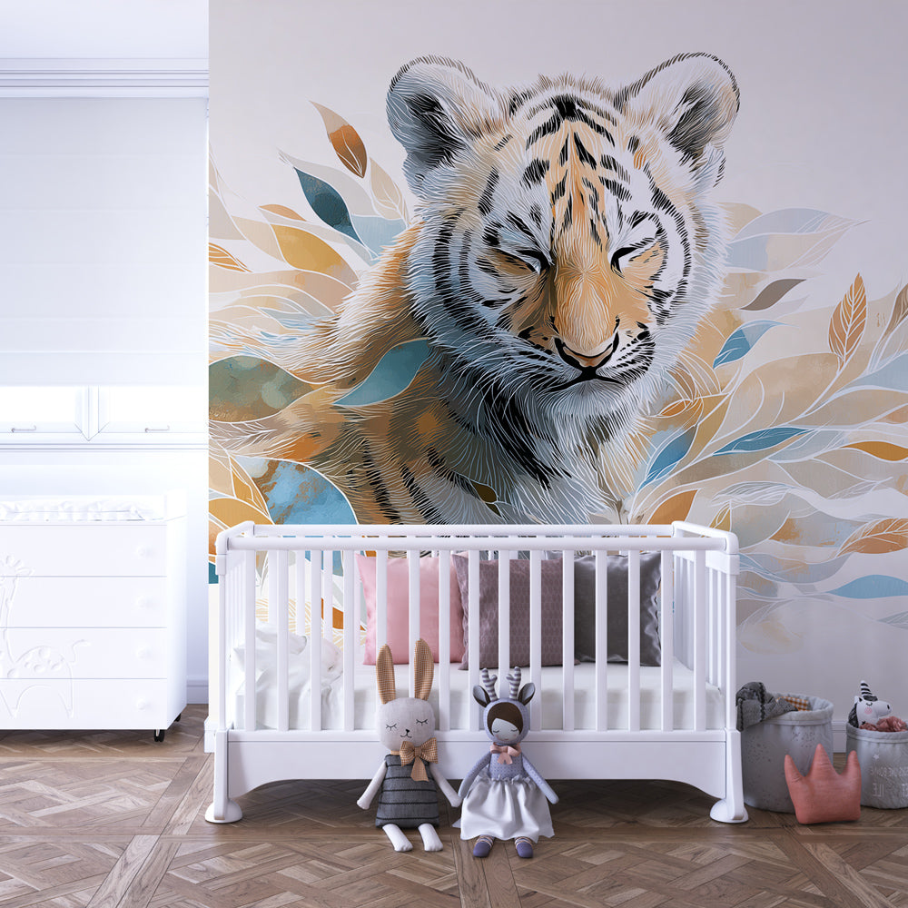Beautiful tiger wallpaper with blue orange leaves decorating peaceful children's room